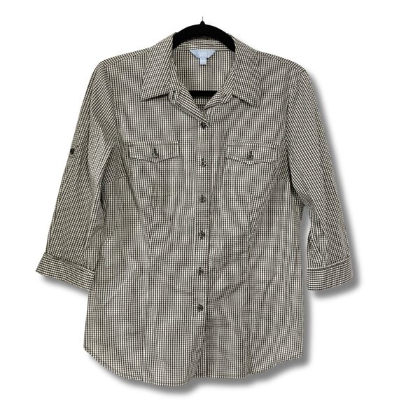 DENVER HAYES Sage grey white gingham roll tab shirt ~ MEDIUM camp outdoor top - Picture 1 of 14